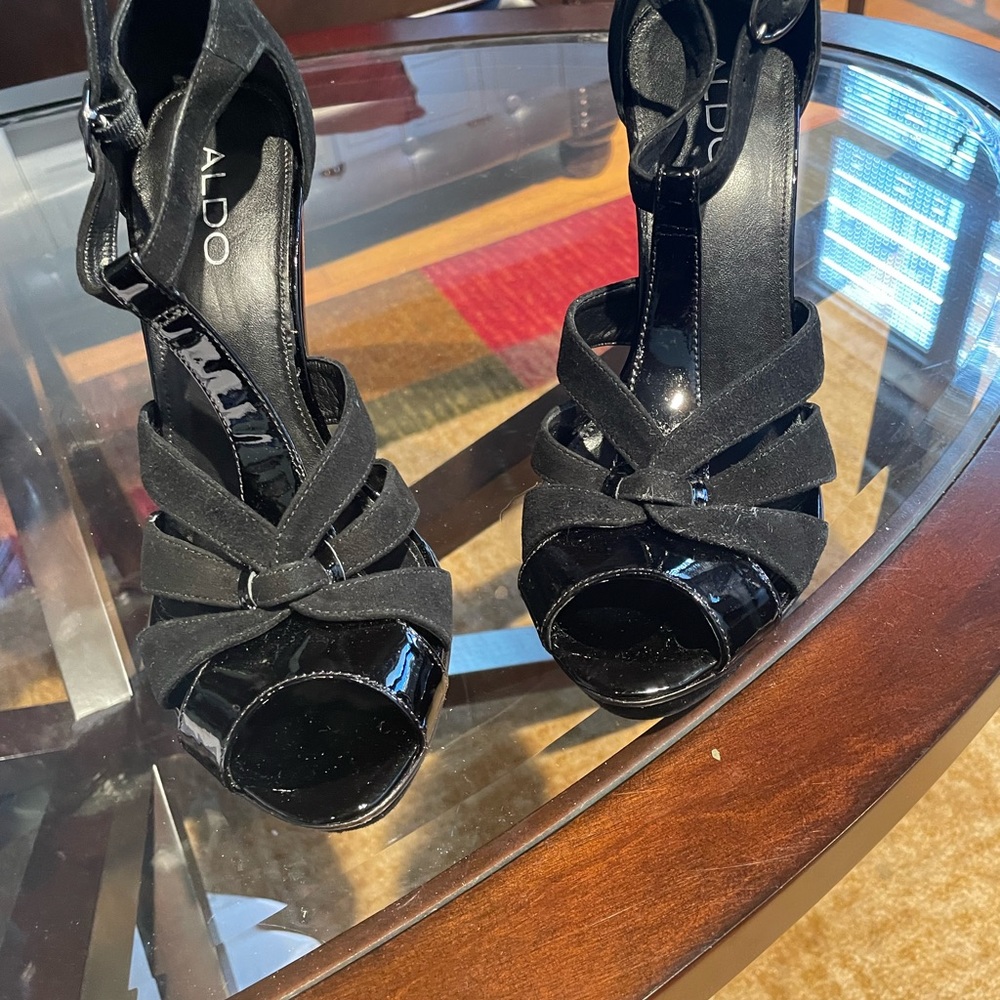 Gently Worn (Once) Aldo Patent Leather and Suede Peep Toe Heels